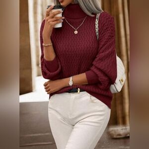 New Luxe Oversized Knit Turtleneck Sweater Top Burgundy Red
